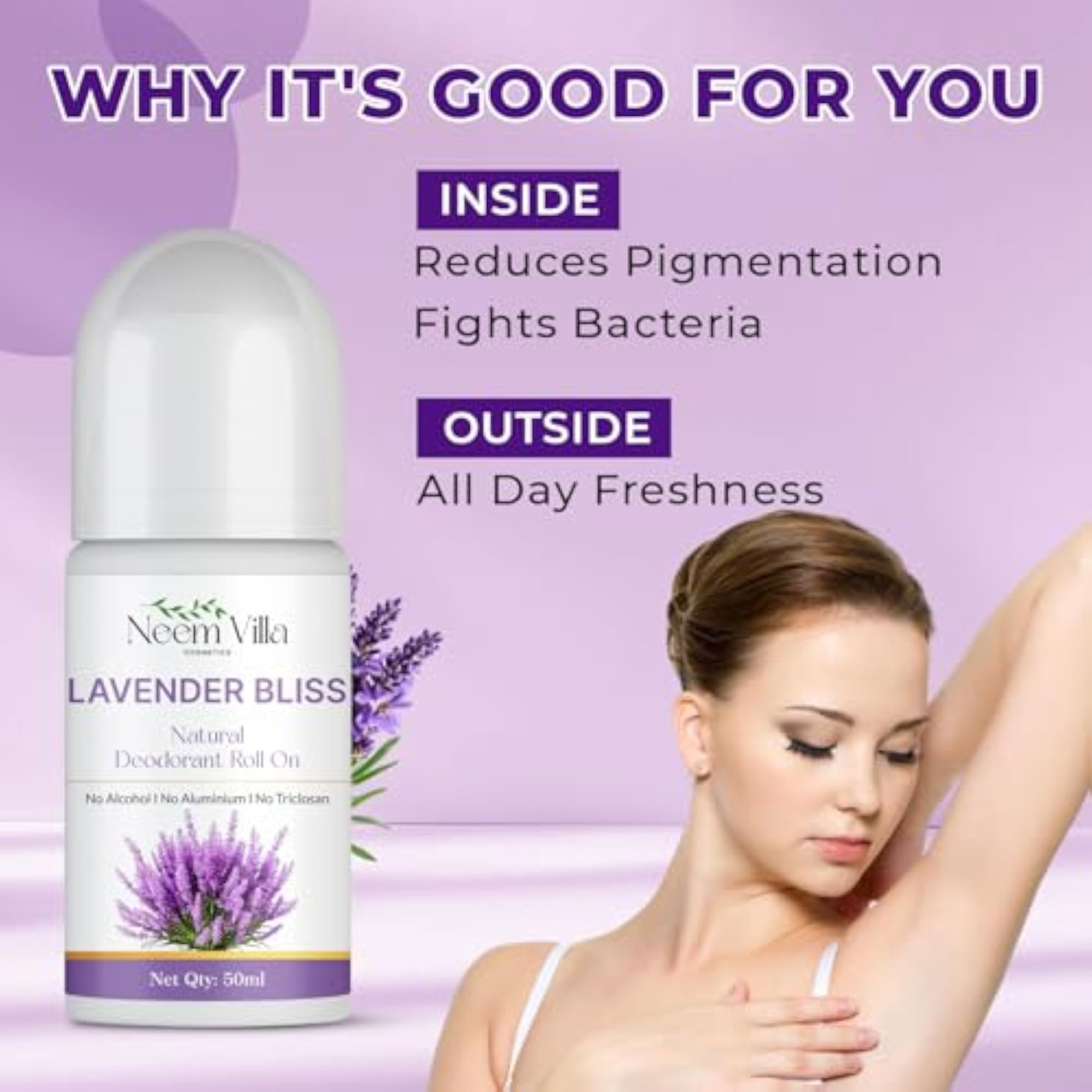 Lavender Bliss Natural Deodorant Roll On Pack of 2, Women & Men